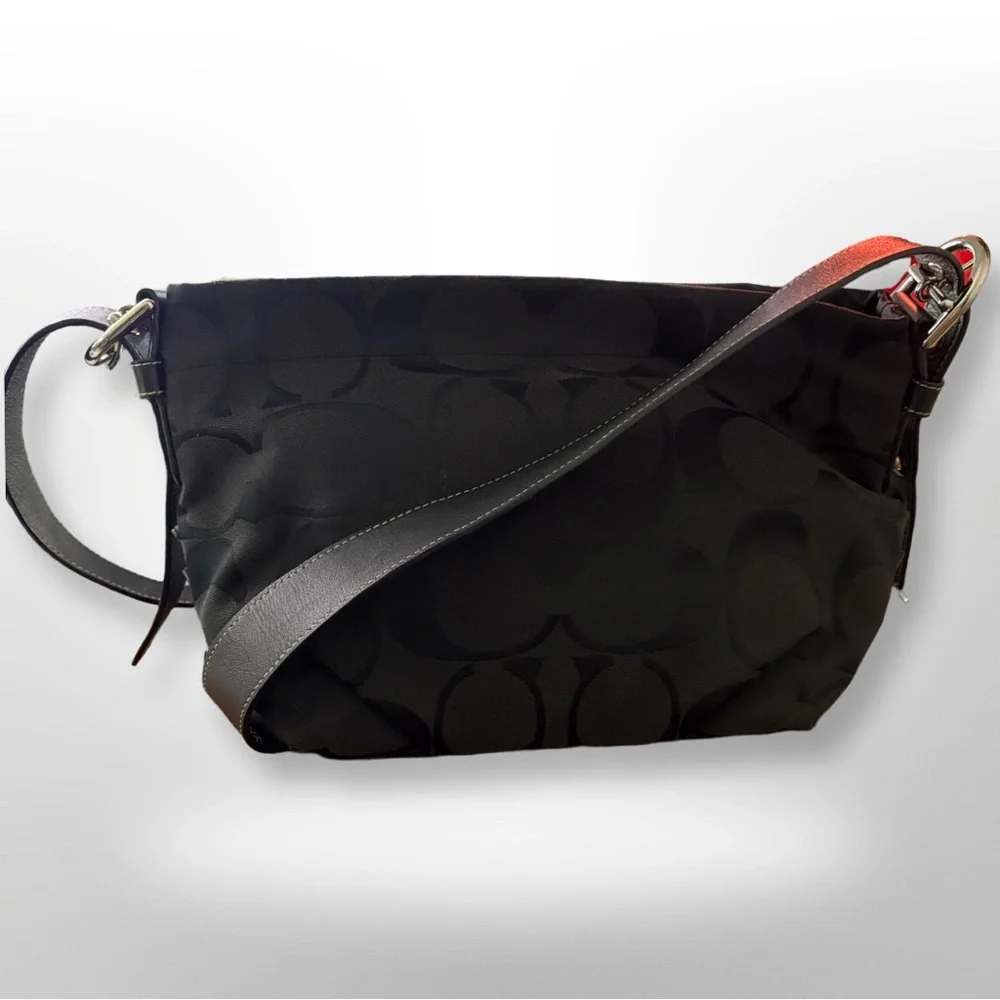 Coach Black Signature Shoulder Bag with Dark Brown Strap